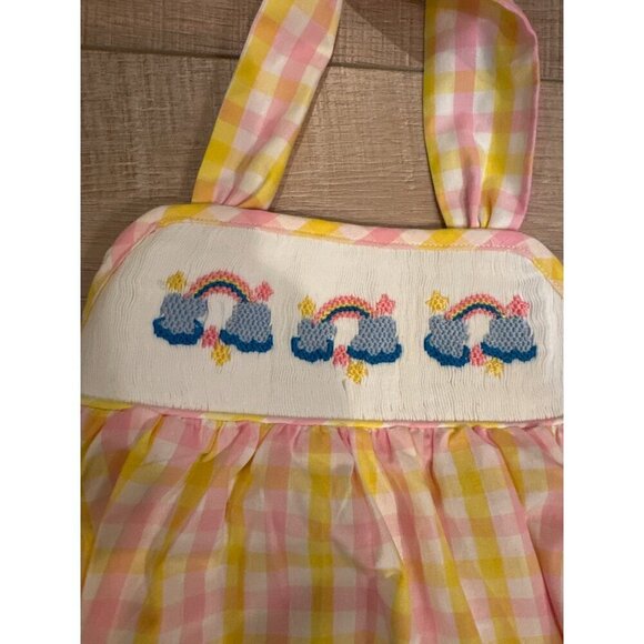 Smocked Or Not Baby Romper 12M Pink & Yellow Gingham With Rainbow Clouds Embroid - Picture 2 of 6